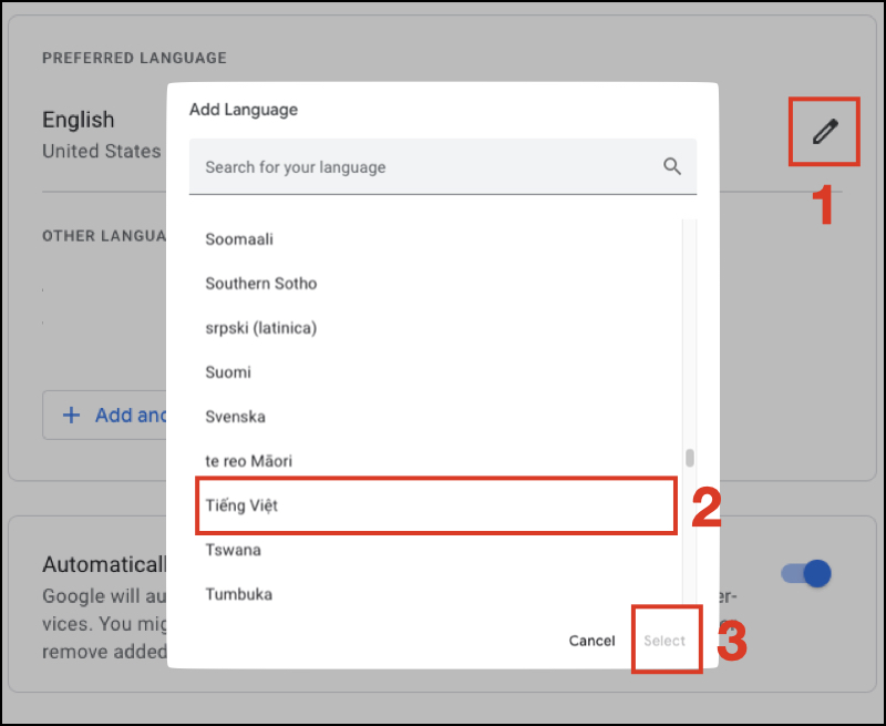 Thay đổi ngôn ngữ thành tiếng Việt trong Google Sheets